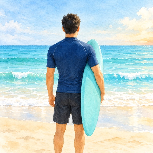 ソフトボードを抱えて海を見る人の後ろ姿の絵