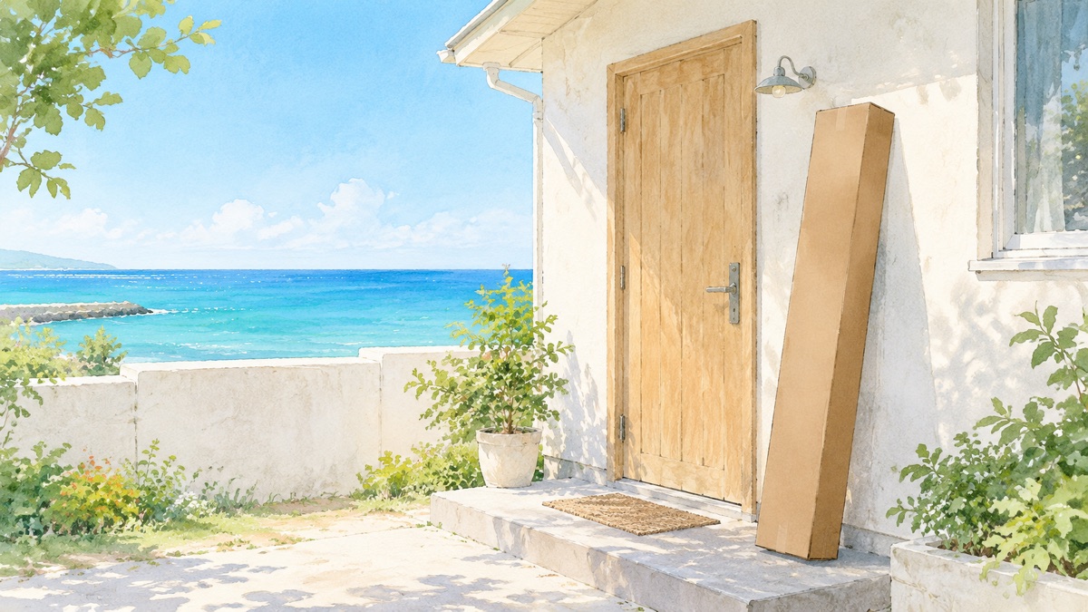 海の見える家の玄関先に届いた細長い大きな段ボール箱の絵