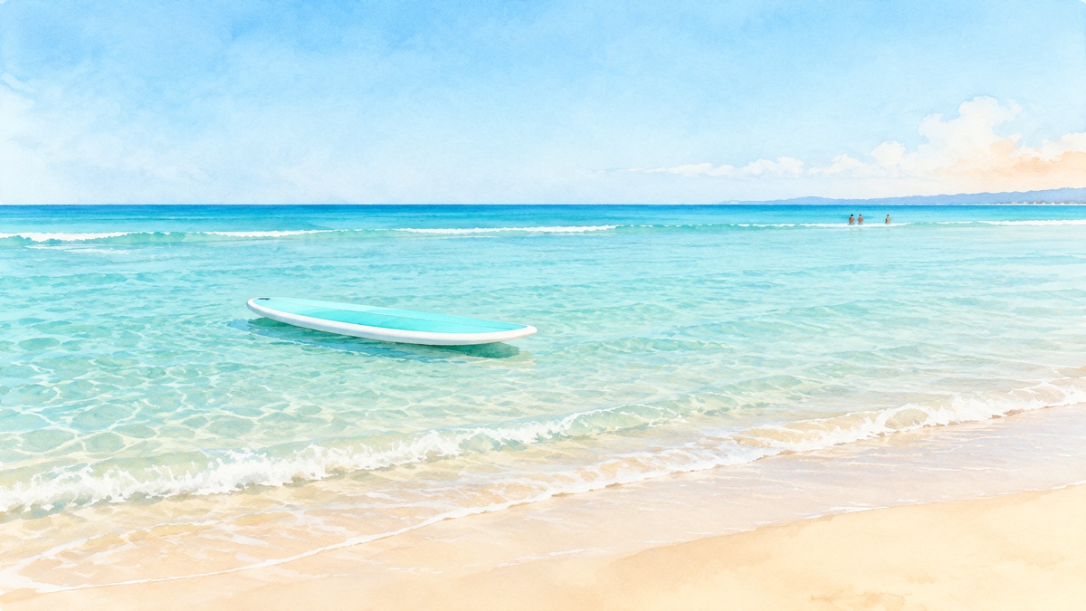 明るい浜の浅く澄んだ海に長いソフトボードが浮かび遠くに人が小さく見える絵