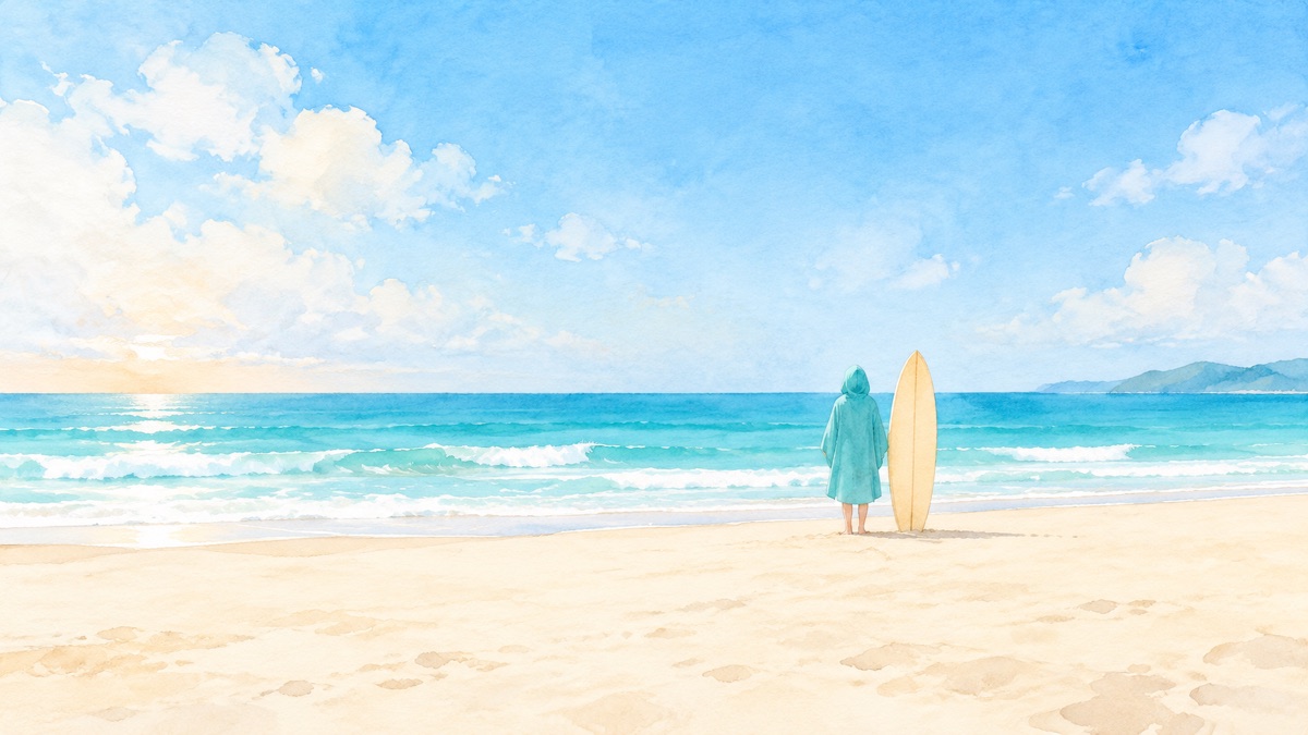 朝の砂浜でターコイズのポンチョをかぶった人が板の横で海を見ている後ろ姿の絵